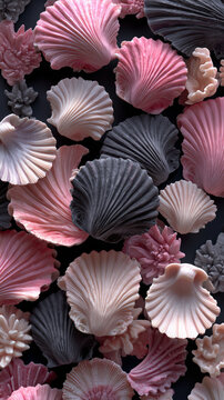 A top view of colorful shells. A close-up of a collection of pink and dark-hued shells. 
