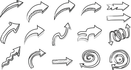 Collection of Hand Drawn Arrows Doodle Style Black and White Vector Illustration Showing Direction Movement Navigation Guidance Choice Different Designs