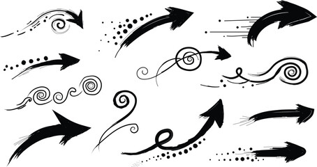 Set of hand drawn artistic arrow shapes vector illustration in black and white for creative designs and concepts representing direction movement and innovation