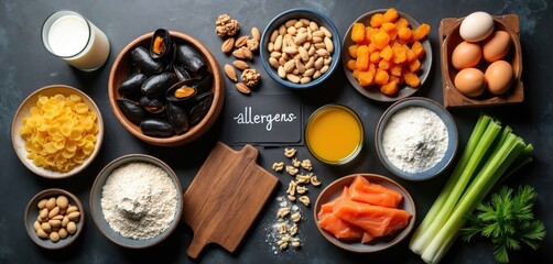 Common food allergens flat lay composition on dark background. Variety of ingredients like nuts, seafood, gluten, lactose, fish, eggs. Concept of food intolerance, special diet restrictions, immune