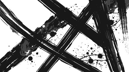 Abstract black ink cross brush strokes with splatters