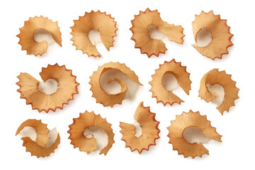 Wooden pencil shavings with curly form after sharpening, isolated on a transparent background, school and art supplies