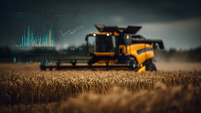 golden wheat field and a yellow harvester working in it, a digital screen showing a growth chart of financial market data