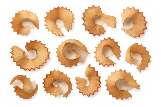 Wooden pencil shavings with curly form after sharpening, isolated on a transparent background, school and art supplies