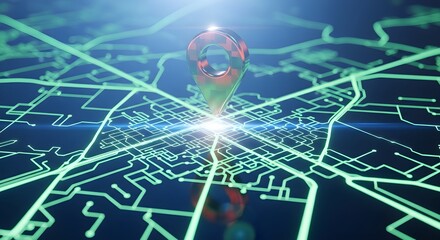 Navigating the Future Digital Map with Location Pin and Glowing Circuitry Design Element
