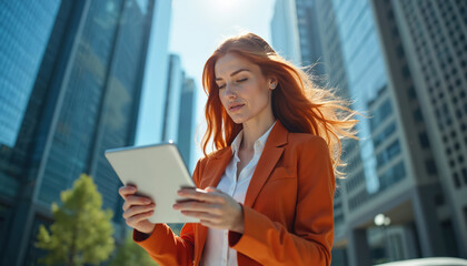 Confident business woman works on digital tablet. Stands outside office building. Female entrepreneur uses portable computer for online work. Digital nomad works outside. Modern tech assists lady at