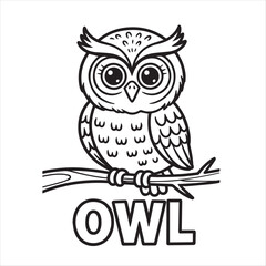 Black outlined cartoon owl illustration is perched on a branch; the background is transparent, kids’ coloring pages, kids, coloring, pages,