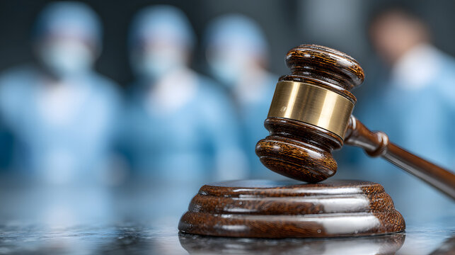 Judge&rsquo;s gavel with doctors in background symbolizing medical law