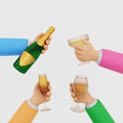 A 3D image of a celebratory toast. Four hands raise champagne glasses, creating an atmosphere of joy and celebration. It symbolizes the spirit of celebration, New Year's, Christmas, corporate events.
