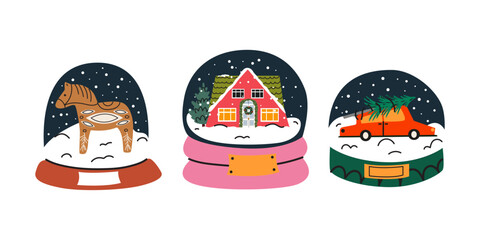 Festive retro Christmas snow globe stickers set with winter elements. Glass crystal snowball with snowflakes. Winter holiday home decorations. Flat vector illustration isolated on white background