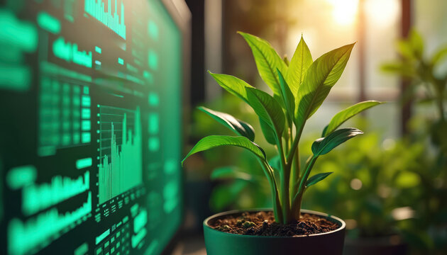 Green plant in pot near screen with green charts. Data analysis for agriculture growth. Future tech innovation in botany research. Smart farming concept.