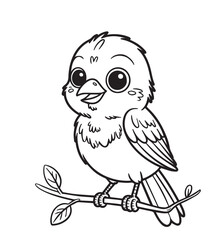 Cute cartoon bird is perched on a branch in outline style, kids’ coloring pages, kids, coloring, pages,