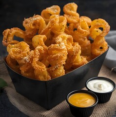 Close-up of a serving of breaded onion rings with sauce