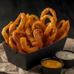 Close-up of a serving of breaded onion rings with sauce
