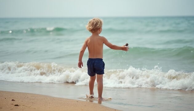 Young boy stands on sandy beach near sea waves. He throws small stones into the blue ocean water. Child enjoys outdoor summer fun at seaside.