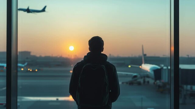 Rear view on a traveler with backpack watching airplanes take off at sunrise through the airport window.