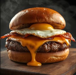 Close-up of a burger with bacon, egg and melted cheese