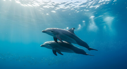 Graceful dolphins swim together through sunlit ocean waters surrounded by tiny schooling fish