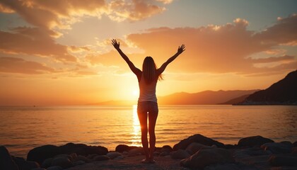 Woman stands on rocky beach shore with arms raised at sunset. She faces ocean water with sun setting behind her. Peaceful landscape with calm sea, mountains and colorful sky.