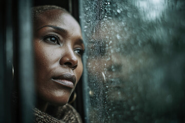 Melancholic woman gazing through a rainy window with soft natural light