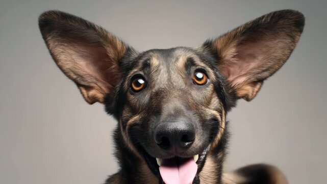 Close up portrait of brown dog with big ears and expressive eyes looking directly at camera. Cute funny pet animal concept for veterinary clinic, hospital advertisement.
