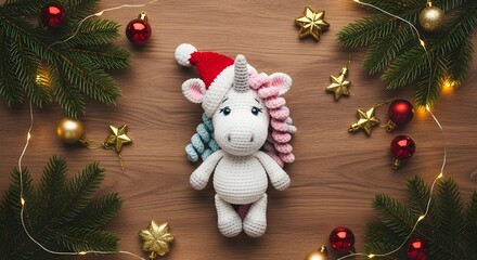 Cute crochet unicorn wearing santa hat surrounded by festive christmas decorations