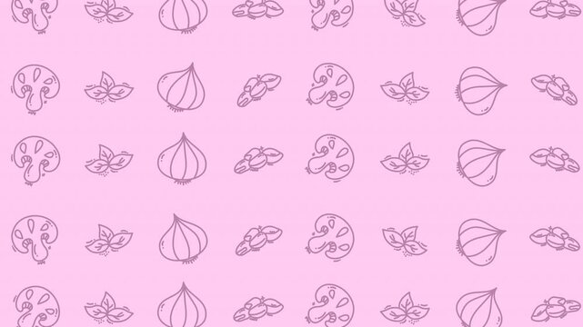 A fresh and appealing kitchen pattern vegetable design, featuring delicate line art outlines of garlic, mushrooms, and basil leaves, all on a soft pink background