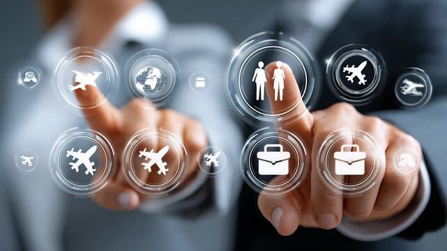 Digital Navigation for Seamless Travel: A professional's fingers glide effortlessly across a virtual interface, activating travel icons that symbolize the ease and convenience of modern exploration.