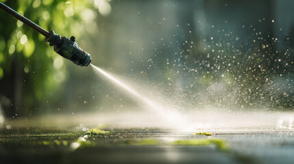 High-pressure cleaning of a patio with water spray. A close-up shot shows a high-pressure washer cleaning a patio, with water spraying and creating a misty effect.