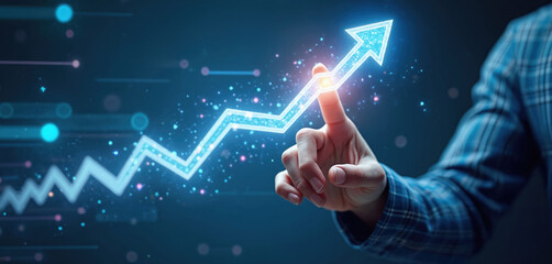 Hand touches glowing blue arrow graph showing upward trend. Digital data visualization represents business growth and financial progress. Future tech transforms economy, investment, and analytics.