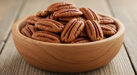 Close-up of a wooden bowl filled with delicious pecan nuts on a wooden surface.