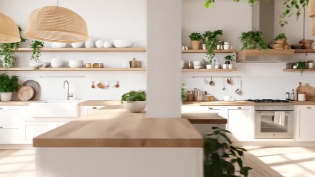 A sunlit, neutral-toned kitchen filled with plants, shelves, and various kitchenware