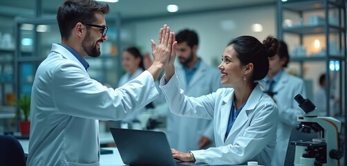 Happy scientists in lab high five. Man, woman in white coats celebrate scientific breakthrough. Team celebrate success together in laboratory with microscope, laptop. Medical research, development.