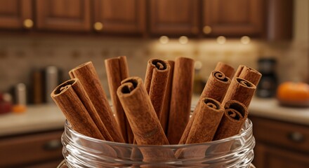 Close-up of cinnamon sticks in a glass jar with a blurred kitchen background.