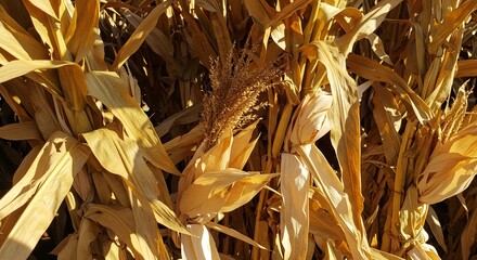Close-up of dry corn stalks and leaves in a field under natural light.
