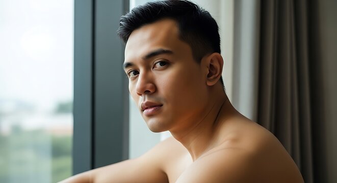 A cinematic and ultra-realistic portrait of a handsome shirtless man gazing thoughtfully at the camera, bathed in soft natural light from a window