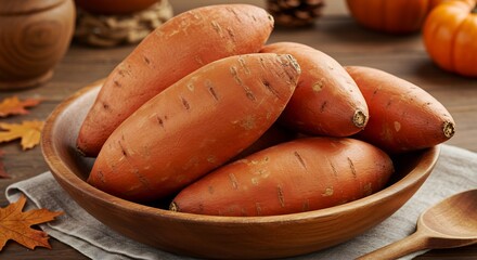 Close-up of Sweet Potatoes in a Wooden Bowl on a Table.