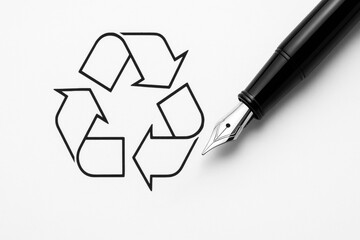 Fountain pen drawing recycling symbol on white paper for sustainability concept