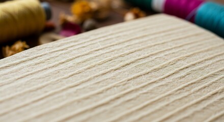Close-up of textured beige paper with thread spools in background.