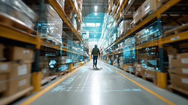 Warehouse of Tomorrow: A lone worker navigates a futuristic warehouse, bathed in holographic data overlays and technological marvel, showcasing the convergence of labor and advanced systems. - Powered by Adobe