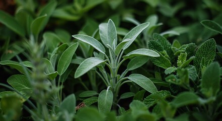 Close-up of vibrant green sage plants in a garden setting.