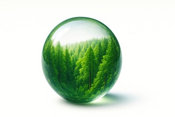 Green forest reflected inside transparent glass sphere on white background