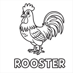 kids’ coloring pages, kids, coloring, pages, Outlined cartoon rooster shows off its tail feathers over the word rooster with transparent background