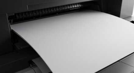 Close-up view of a printer printing a blank white paper sheet.