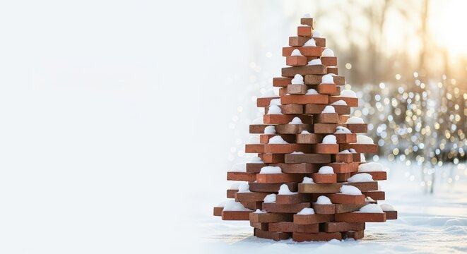 Stack of bricks in shape of Christmas tree, snowy winter day with blurred bokeh on background with white copy space. Greeting card or New Year banner for construction comapny, renovation and new home