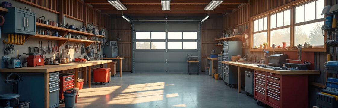 Bright spacious garage full of equipment. Light shines through windows onto concrete floor. Tools hang above wooden workbenches with drawers. Shelves packed with supplies needed for maintenance