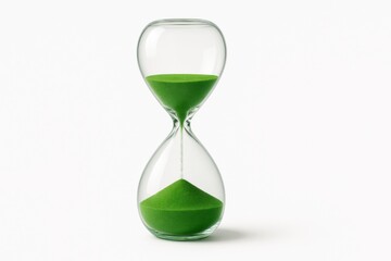 Green sand hourglass measuring time on white background