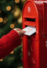 Child's small hand holding a letter addressed to Santa, placed in a festive red mailbox surrounded by holiday decorations and greenery, capturing the spirit of Christmas, children writing a letter