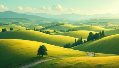 Fototapeta premium Rolling green hills stretch under vast blue sky with soft clouds. Winding asphalt road curves through vibrant fields. Scattered trees dot landscape. Distant mountains complete serene countryside