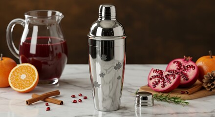 Cocktail shaker and ingredients for festive drinks.